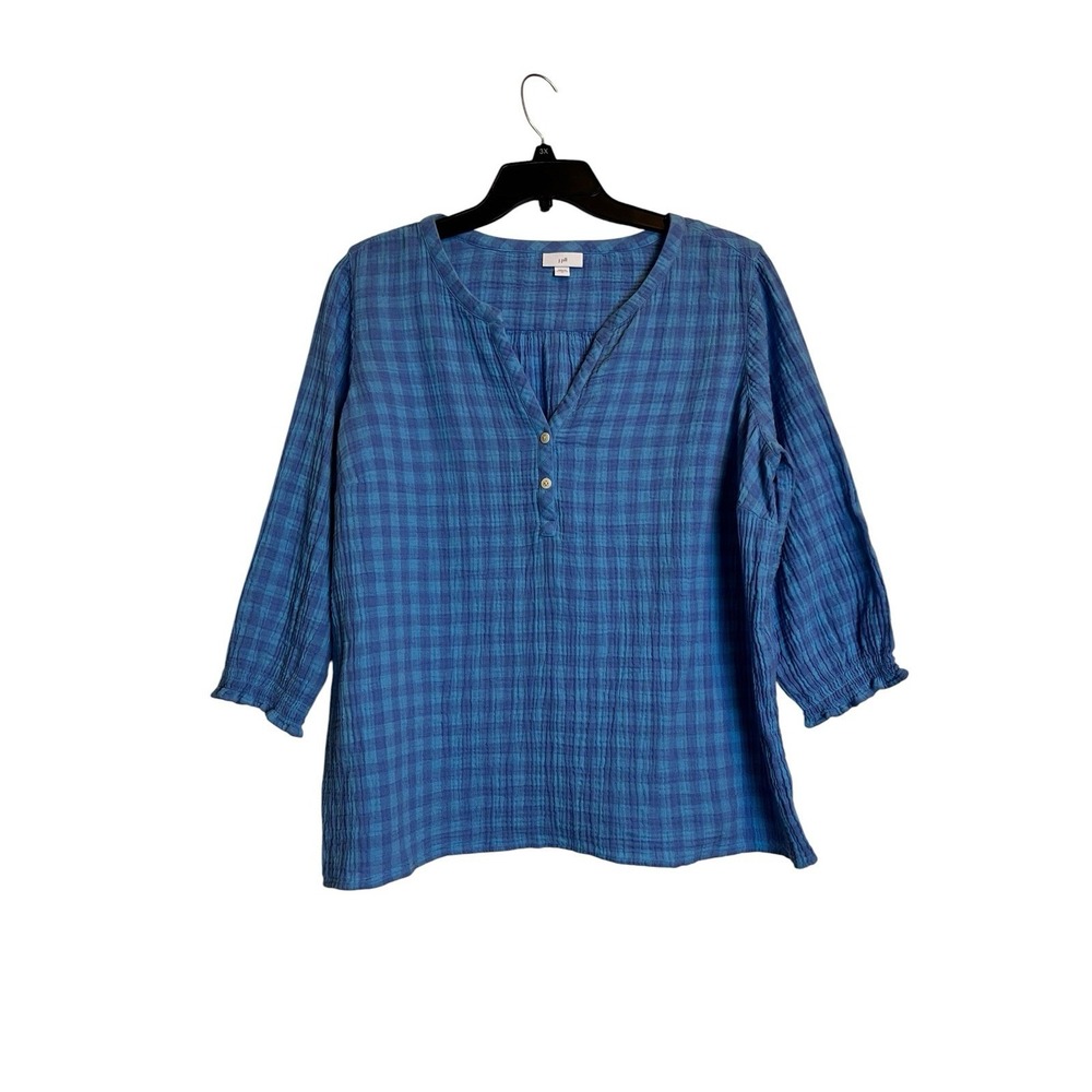 J. Jill Women's Gauze Top XL Blue Plaid V Neck